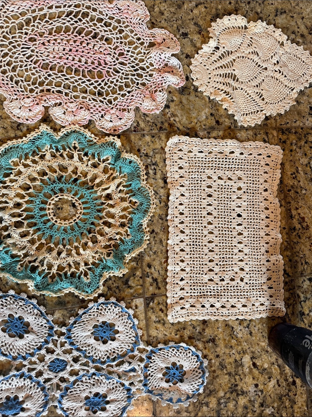 Handmade Crochet Doily Set in Cream, Blue & Teal - Decorative Table Linens